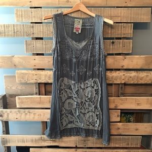 Johnny Was Linen Gray Embroidered Tank Dress